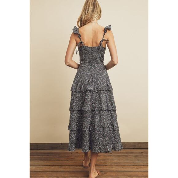 5071 Dress Forum Temecula Dress Navy Floral Sleeveless Tiered Ruffle Midi Small - Picture 3 of 7